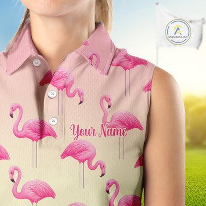 Personalized pink gradient Flamingo pattern Women sleeveless polo shirt Custom golf team theme outfit NQS10324
