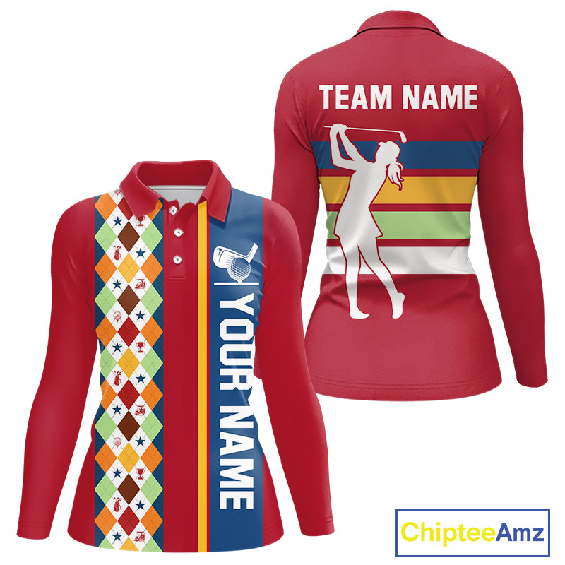 Retro colorful argyle pattern Women golf polo shirt custom Team Golf Outfits for ladies | Red NQS10327