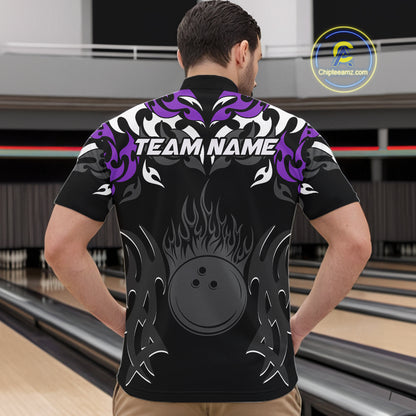 Black and Purple Flame Bowling Polo, Quarter Zip shirt for men Custom Team bowling jersey bowler gift NQS10535