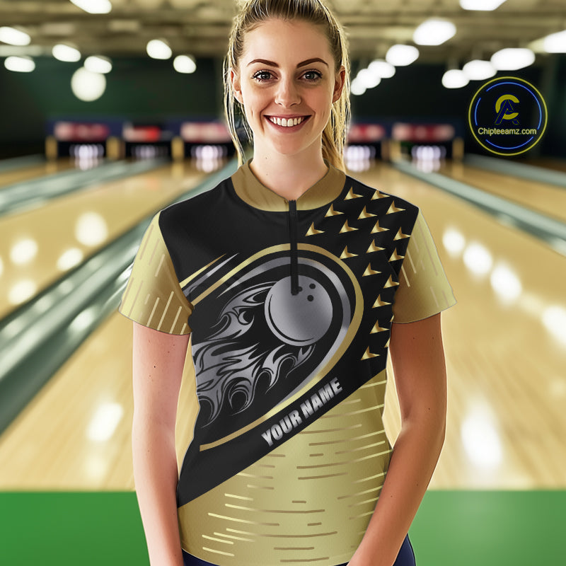 Black and Gold Flame Bowling ball Polo, Quarter Zip Shirts for Women Custom Bowling Team jerseys NQS10029