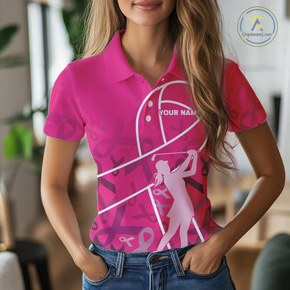 Pink ribbon pattern breast cancer awareness Women golf polo shirt Custom team Golf attire For ladies NQS10189
