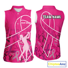 Load image into Gallery viewer, Pink ribbon pattern breast cancer awareness Women sleeveless polo shirt Custom team ladies Golf top NQS10189