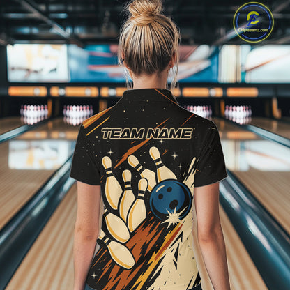 Retro Black galaxy Womens Bowling Polo, Quarter Zip shirts custom vintage bowling team league jerseys NQS10547