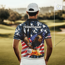 Load image into Gallery viewer, Blue Camo American Flag Eagle Flame Golf Polo Shirts for Men Custom Patriotic Team Mens Golf Outfit NQS10552