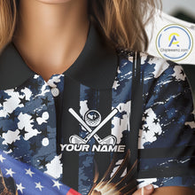 Load image into Gallery viewer, Blue Camo American Flag Eagle Flame Women Golf Polo Shirt Custom Patriotic Team Ladies Golf Outfit NQS10552
