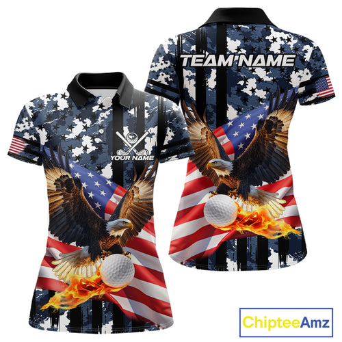Blue Camo American Flag Eagle Flame Women Golf Polo Shirt Custom Patriotic Team Ladies Golf Outfit NQS10552