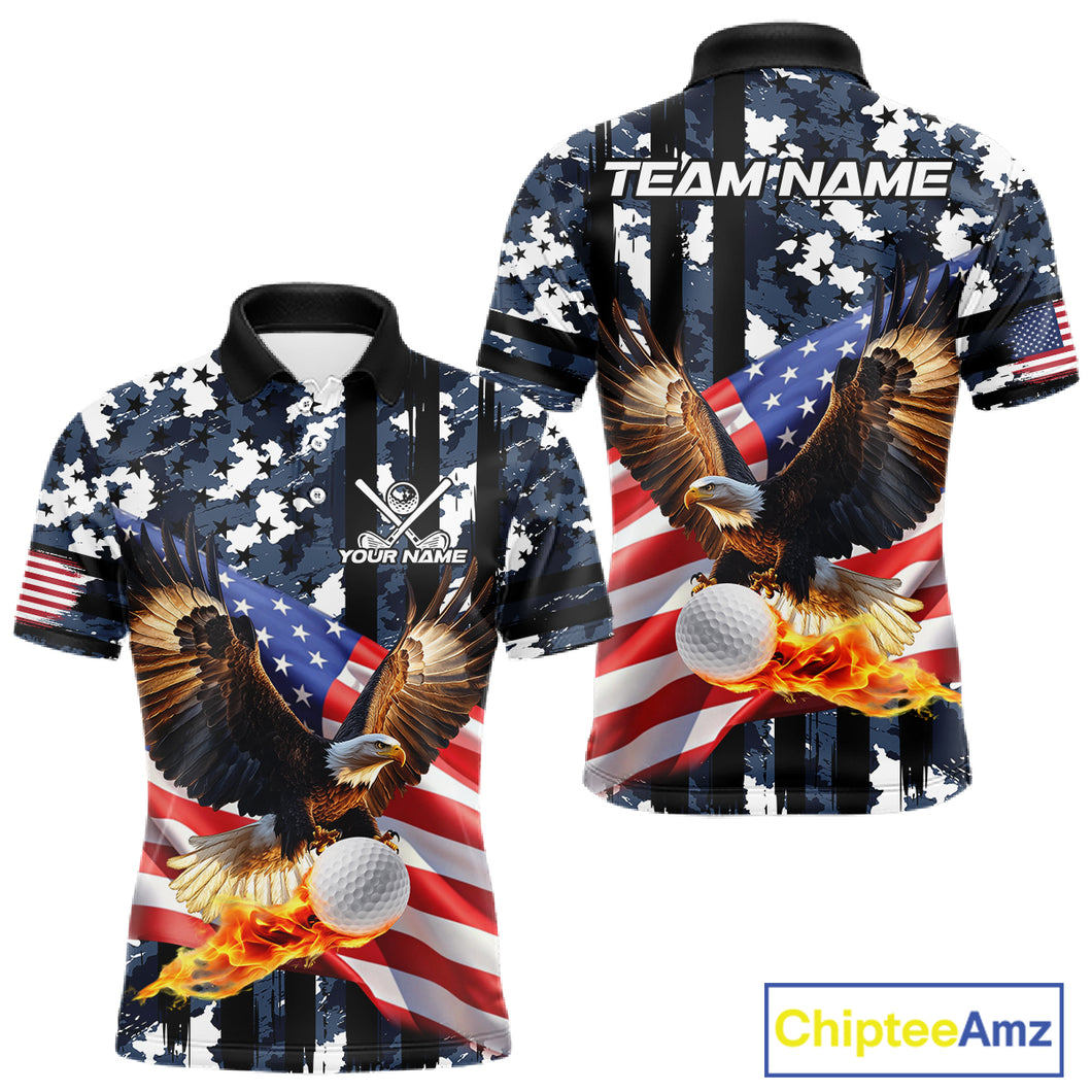 Blue Camo American Flag Eagle Flame Golf Polo Shirts for Men Custom Patriotic Team Mens Golf Outfit NQS10552