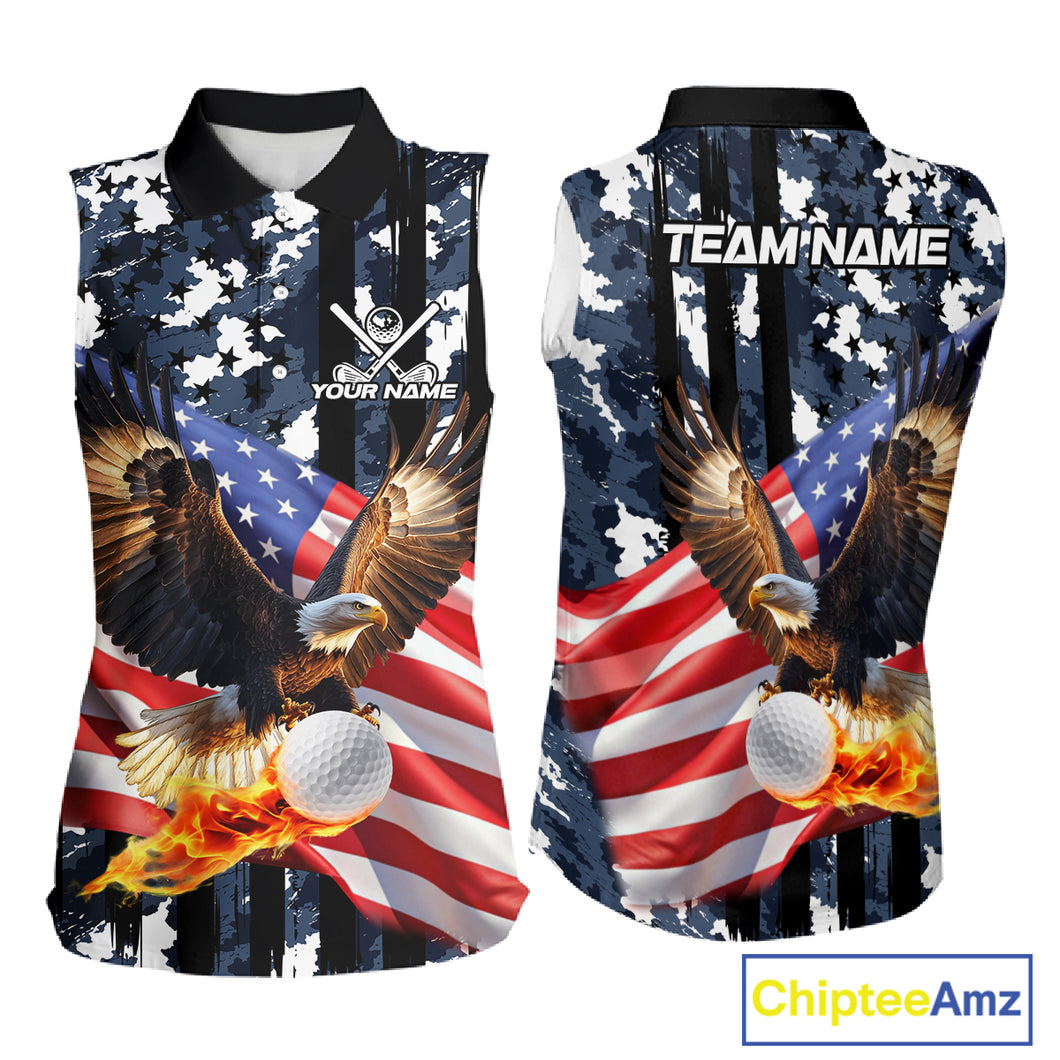 Blue Camo American Flag Eagle Flame Sleeveless polo Shirt Custom Patriotic Team Ladies Golf Outfit NQS10552