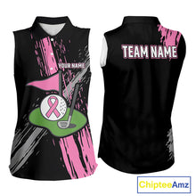 Load image into Gallery viewer, Black and pink ribbon Breast Cancer Awareness golf shirts custom Women sleeveless golf polo shirt NQS10196