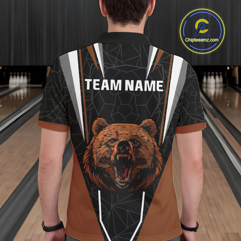 Personalized Bear Bowling Polo, Quarter Zip Shirts For Men, Bear Bowling Team Brown League Jersey NQS10344