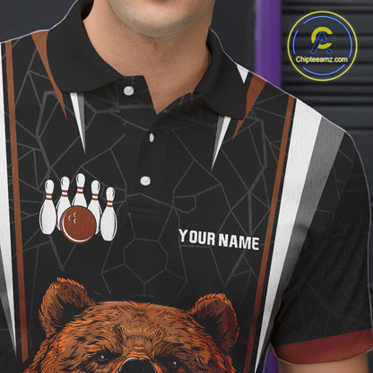 Personalized Bear Bowling Polo, Quarter Zip Shirts For Men, Bear Bowling Team Brown League Jersey NQS10344