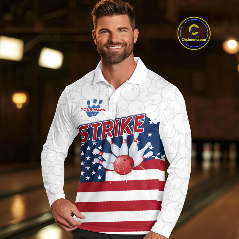 Personalized American Flag Strike Bowling Polo, 1/4 Zip Shirts For Men, Patriotic Bowling Team Jersey NQS10345