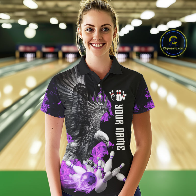 Custom Purple Flame Black Eagle Bowling Polo, Quarter Zip Shirt For Women, Team Bowling Clothes NQS10351