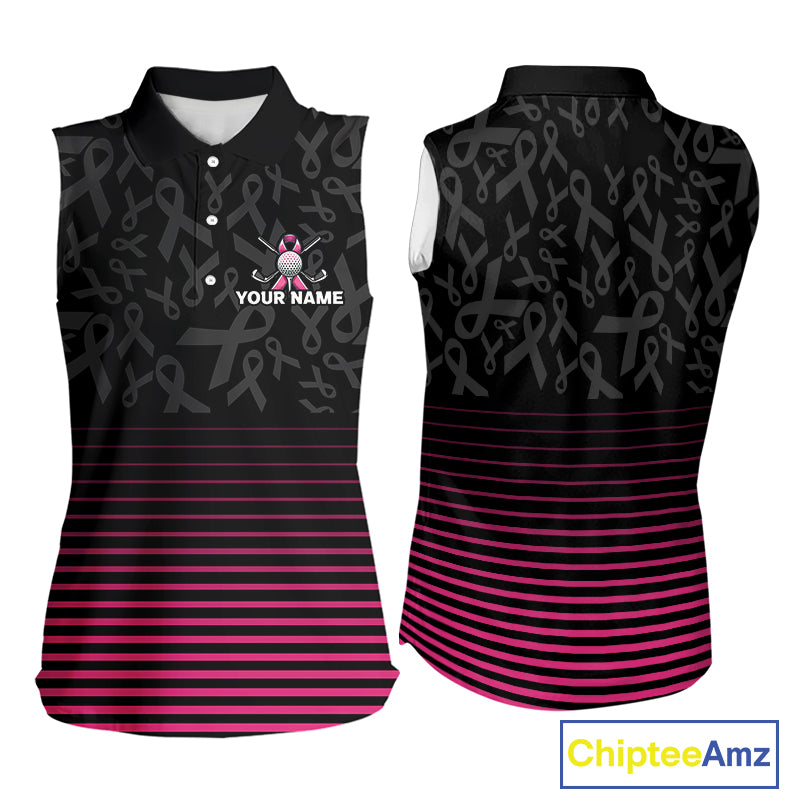 Pink and black Ribbons Pattern Sleeveless polo Shirt Custom Breast cancer awareness Team Golf attire NQS10559