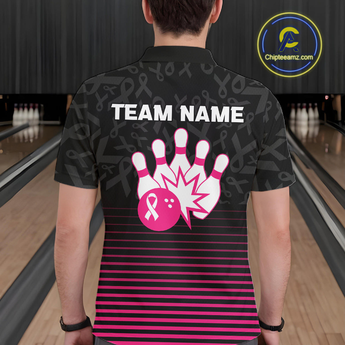 Pink and black Ribbons Pattern Bowling Shirts For Men Custom Breast cancer Team Bowler Jersey NQS10560