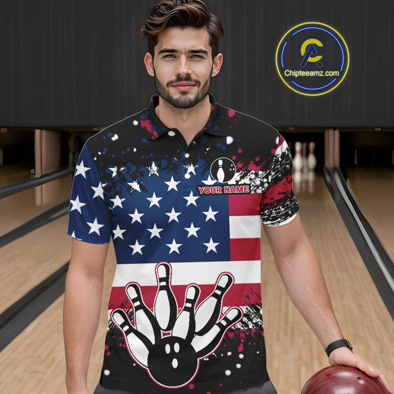 American Flag Black Bowling Polo, 1/4 Zip Shirts For Men custom patriotic retro bowling team shirts NQS10210