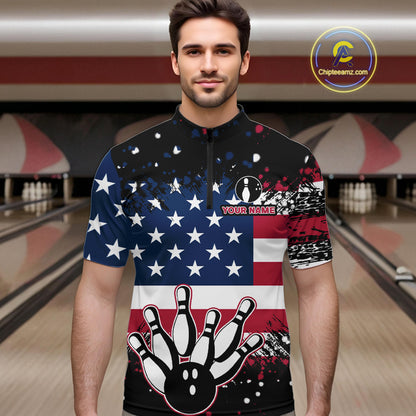 American Flag Black Bowling Polo, 1/4 Zip Shirts For Men custom patriotic retro bowling team shirts NQS10210