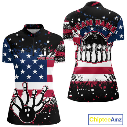 American Flag Black Bowling Polo, 1/4 Zip Shirts For Women custom patriotic retro bowling team shirts NQS10210