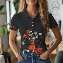 Load image into Gallery viewer, Black and Orange Skull Golf polo shirt for Women Custom Halloween Ladies golf outfit NQS10353