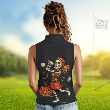 Black and Orange Skull golf sleeveless polo shirt for Women Custom Halloween Ladies golf outfit NQS10353