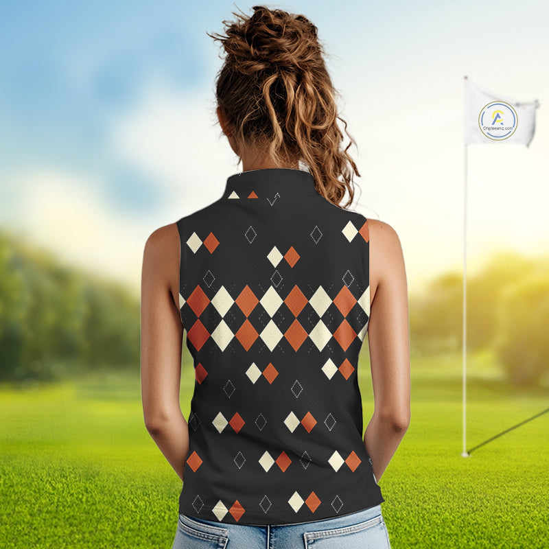 Black and Orange argyle plaid pattern Women sleeveless polo shirt custom Halloween ladies golf wear NQS10356