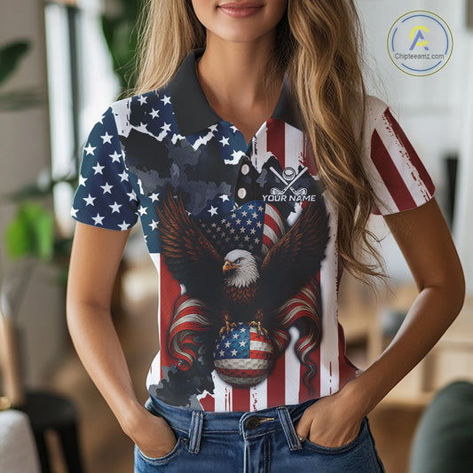 American Flag Eagle Golf Ball Womens Golf Polo Shirts Custom Patriotic Team Golf apparel for ladies NQS10571