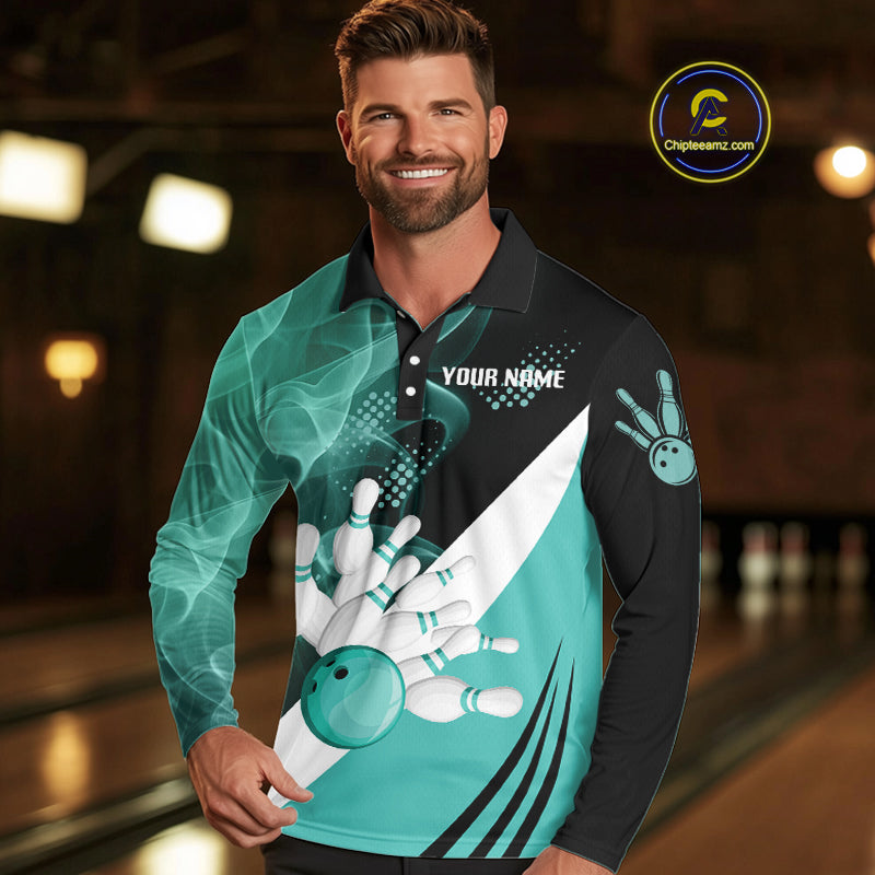 Mens bowling polo, 1/4 zip shirts Custom cyan blue smoke bowling team jerseys, gift for Bowlers NQS10060