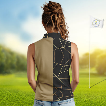 Black and Gold pattern Sleeveless Golf polo shirt custom golf attire for ladies, golfing gifts NQS10359
