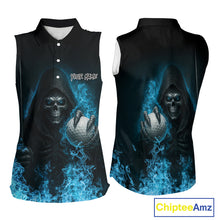 Load image into Gallery viewer, Blue Flame Skull reaper Sleeveless Golf polo shirts custom golf top for ladies, best golf gifts NQS10360