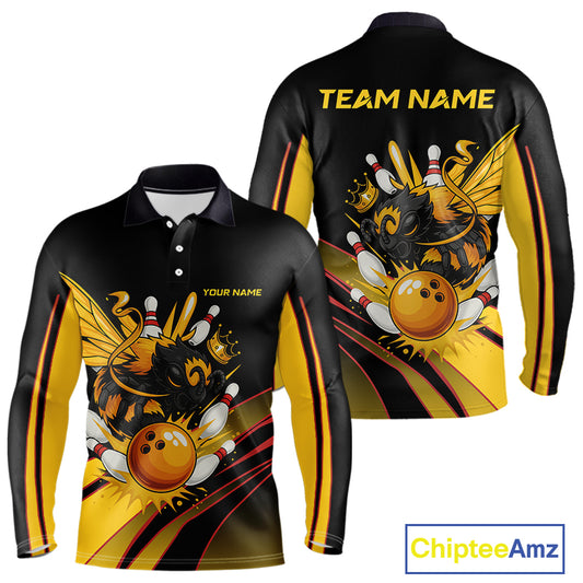 Black and Yellow Bee Bowling Polo, Quarter Zip Shirts For Men Custom Bee Bowling Team Jersey Outfit NQS10362