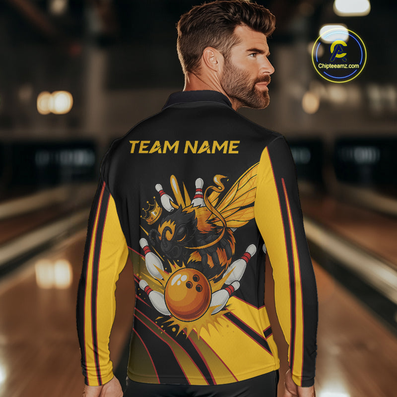 Black and Yellow Bee Bowling Polo, Quarter Zip Shirts For Men Custom Bee Bowling Team Jersey Outfit NQS10362
