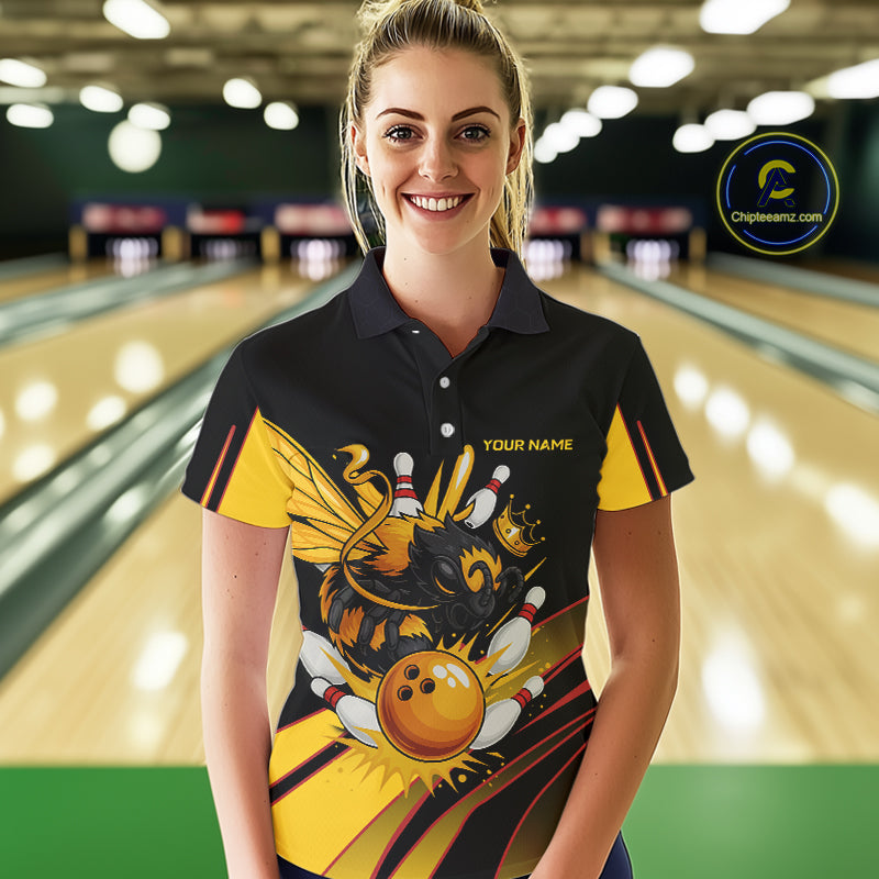 Black and Yellow Bee Bowling Polo, Quarter Zip Shirts For Women Custom Bee Bowling Team Jersey Outfit NQS10362