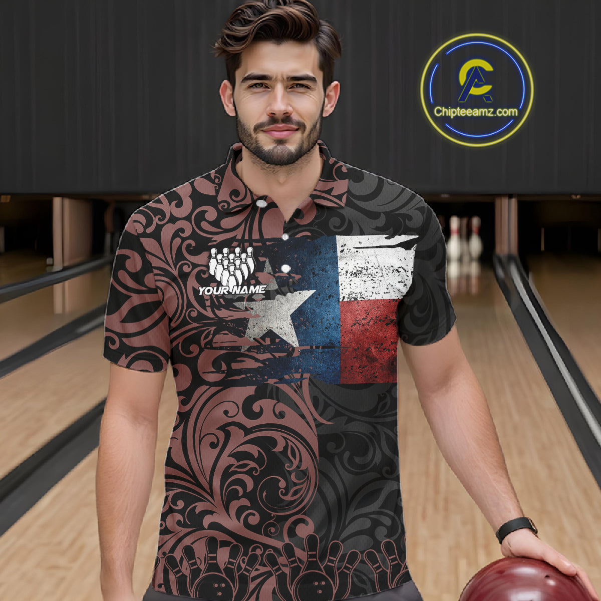 Texas Flag tribal pattern Bowling Polo, 1/4 Zip shirts for men Custom patriotic Team bowling jersey NQS10583
