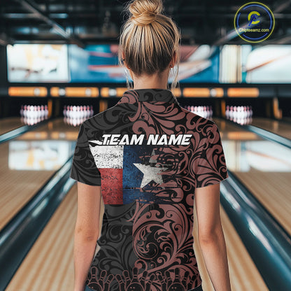Texas Flag tribal pattern Bowling Polo, 1/4 Zip shirts for Women Custom patriotic Team bowling jersey NQS10583