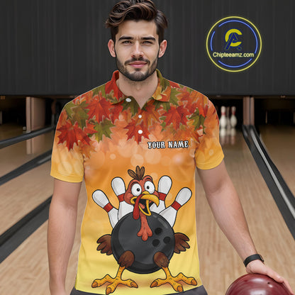 Custom Funny Turkey Bowling Shirt For Men, maple leaf pattern Thanksgiving Bowling Shirt Team Uniform NQS10368