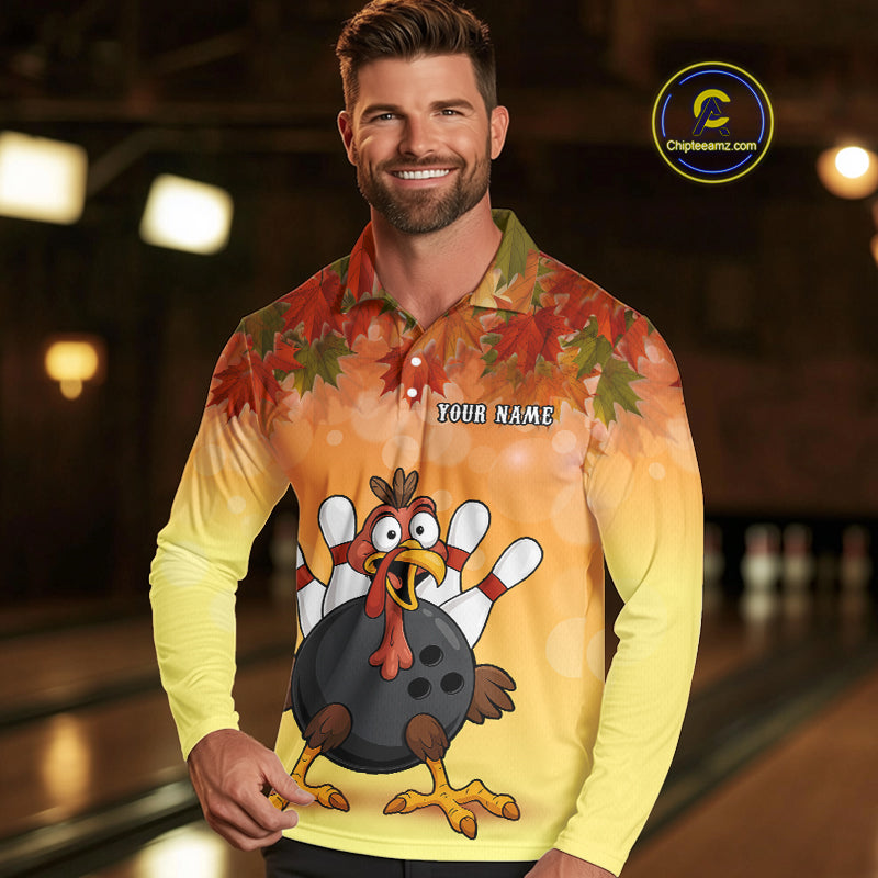 Custom Funny Turkey Bowling Shirt For Men, maple leaf pattern Thanksgiving Bowling Shirt Team Uniform NQS10368