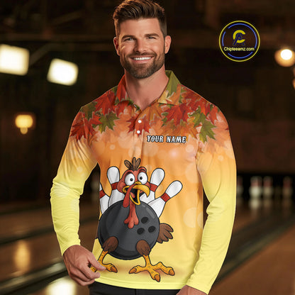 Custom Funny Turkey Bowling Shirt For Men, maple leaf pattern Thanksgiving Bowling Shirt Team Uniform NQS10368