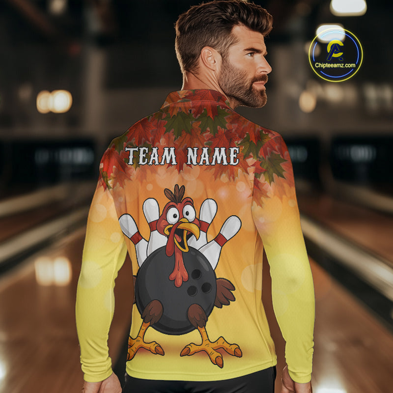 Custom Funny Turkey Bowling Shirt For Men, maple leaf pattern Thanksgiving Bowling Shirt Team Uniform NQS10368