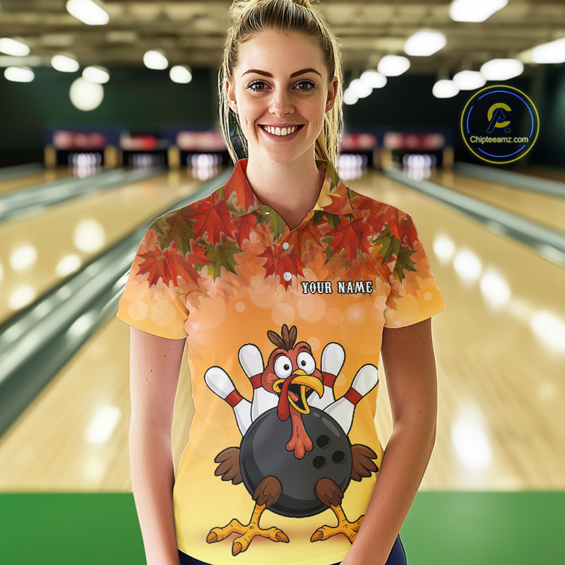 Custom Funny Turkey Bowling Shirt For Women, maple leaf pattern Thanksgiving Bowling Team Uniform NQS10368