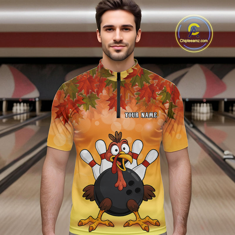 Custom Funny Turkey Bowling Shirt For Men, maple leaf pattern Thanksgiving Bowling Shirt Team Uniform NQS10368
