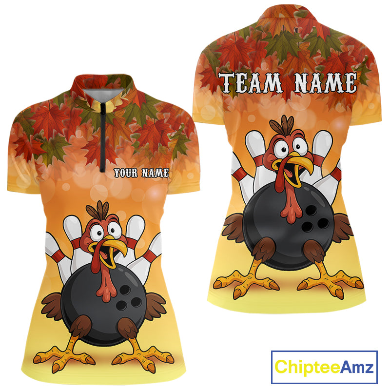 Custom Funny Turkey Bowling Shirt For Women, maple leaf pattern Thanksgiving Bowling Team Uniform NQS10368