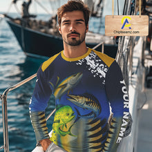 Load image into Gallery viewer, Personalized Mahi Mahi, Wahoo, Tuna scales blue Fishing Shirts, compass offshore tournament Shirts NQS10371