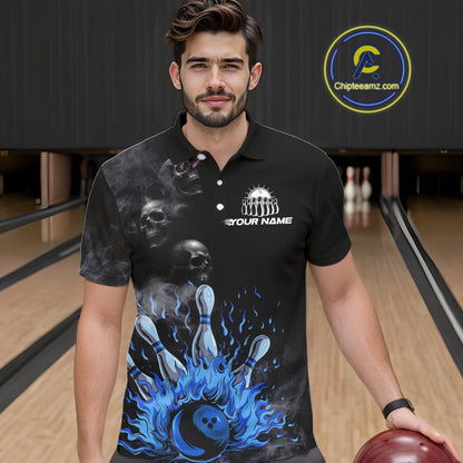 Personalized Smoke Skull Blue Flame Black Bowling Shirts For Men Custom Team Bowling Jerseys NQS10597