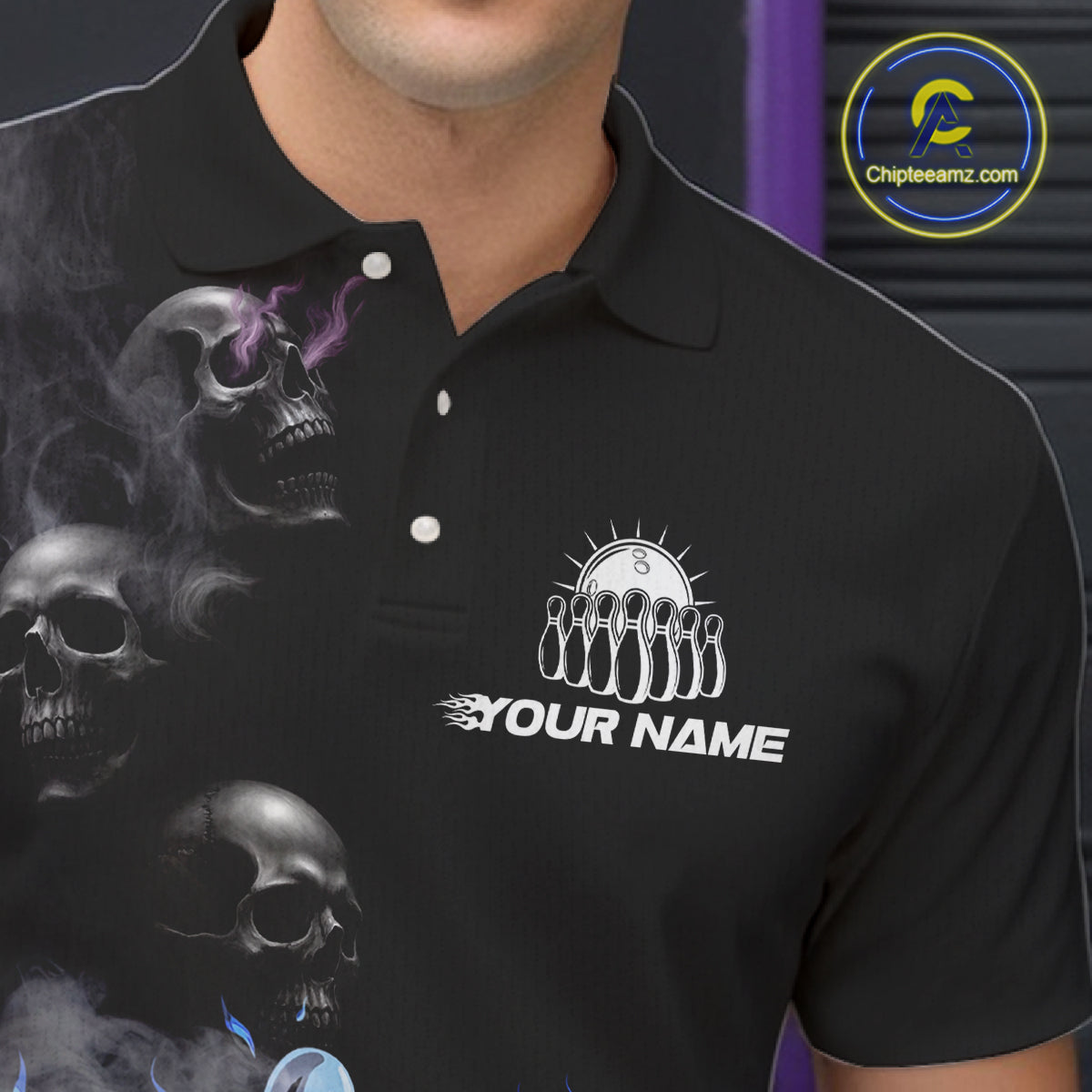 Personalized Smoke Skull Blue Flame Black Bowling Shirts For Men Custom Team Bowling Jerseys NQS10597