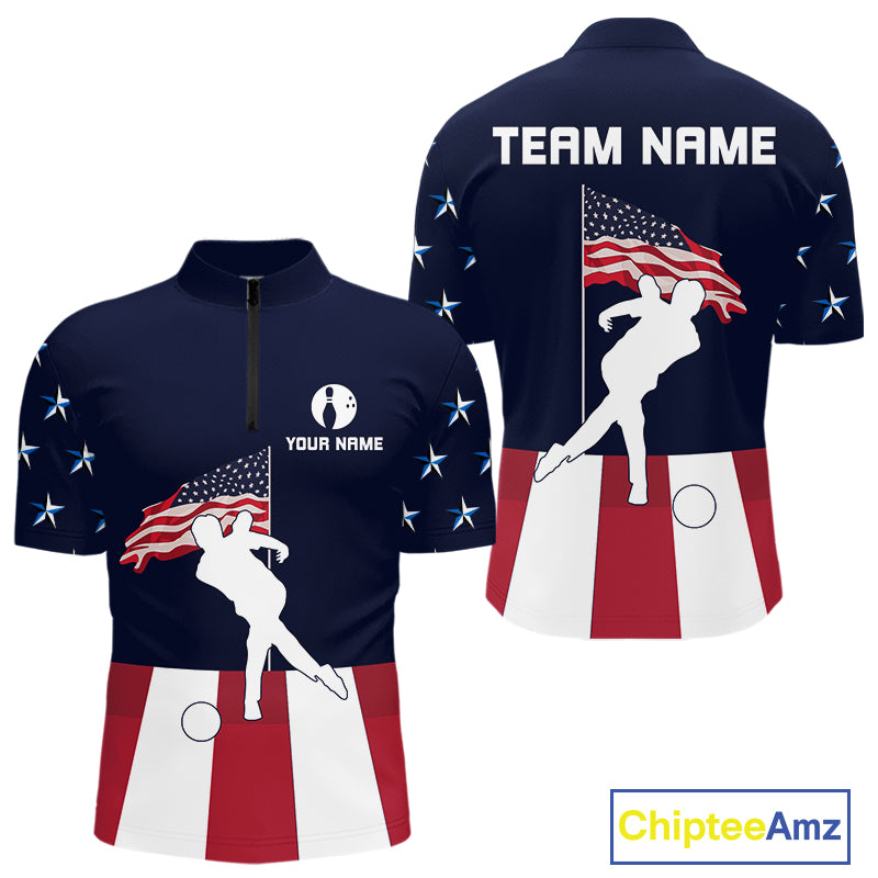 Red, White and Blue American Flag Bowling Team Shirts For Men Custom Patriotic Bowling Jerseys NQS10220