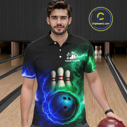 Blue and Green Lightning thunder Black Bowling Shirts For Men custom Bowling Team Jerseys NQS10379