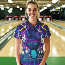 Load image into Gallery viewer, Purple neon stage funny Bowling polo, quarter zip shirts for Women Custom funny bowling team shirts NQS10299
