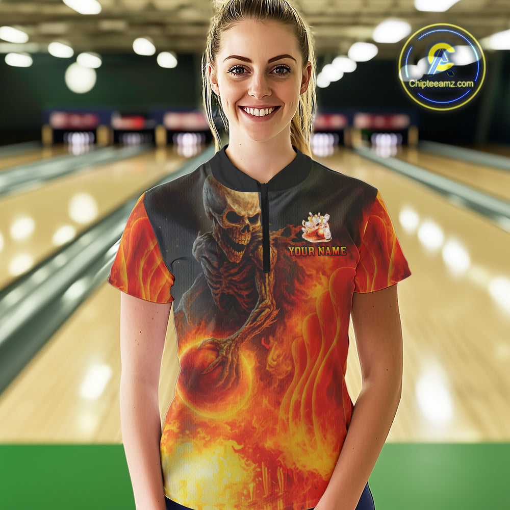 Orange Flame Skull reaper Bowling polo, quarter zip shirts for Women Custom skull bowling team jersey NQS10300
