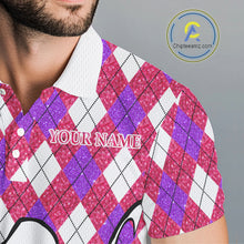 Load image into Gallery viewer, Pink &amp; purple glitter argyle pattern Flamingo Men golf polo shirt Custom weekend forecast golf &amp; wine NQS10325