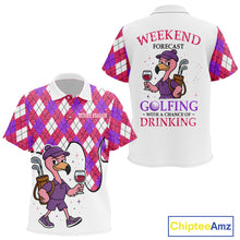Load image into Gallery viewer, Pink purple glitter argyle pattern Flamingo Kid golf polo shirt Custom weekend forecast golf &amp; wine NQS10325